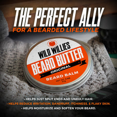 Wild Willies beard butter tin highlighting moisturizing texture for frizz control