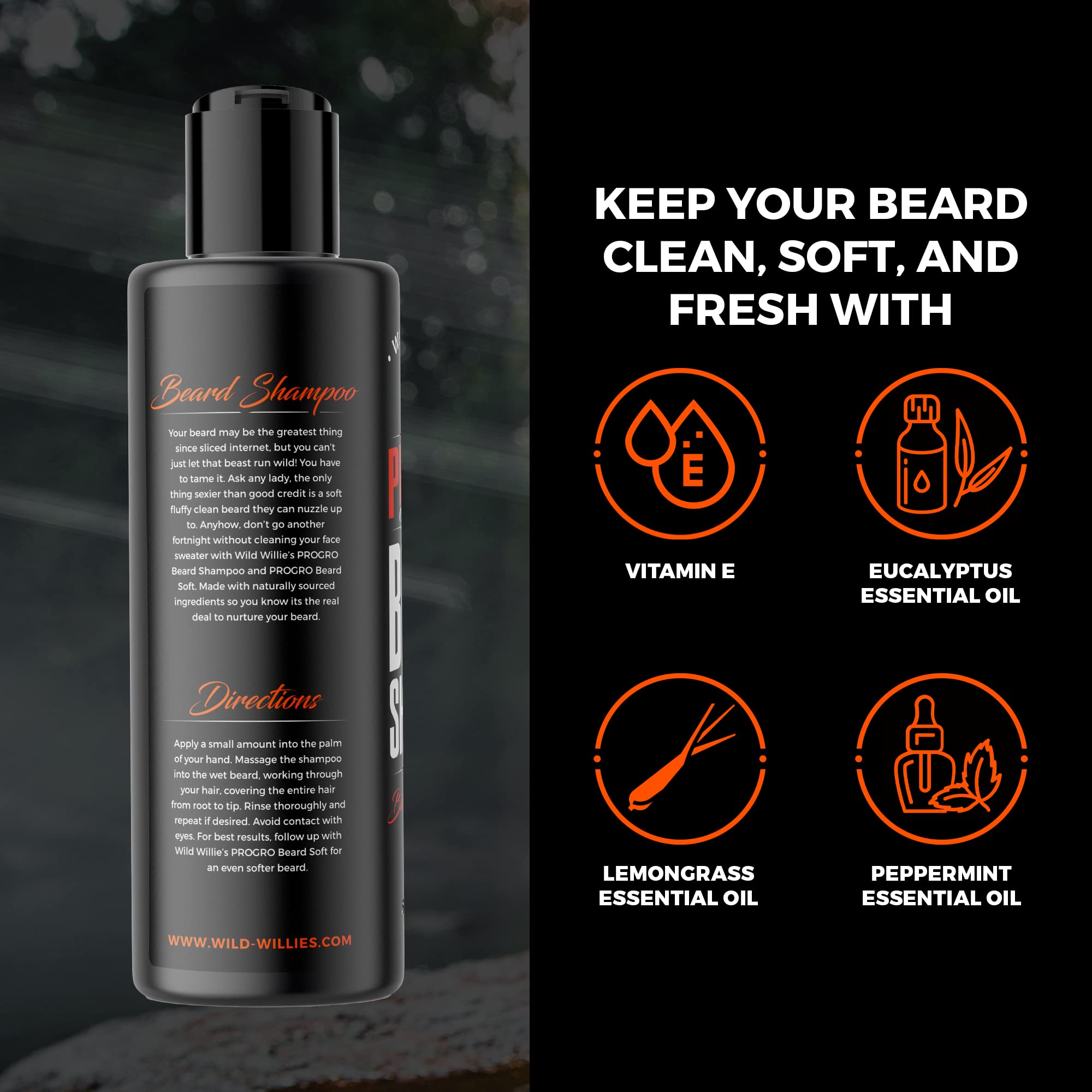 Wild Willies Beard Shampoo anti-dandruff solution image with flakes reduced.