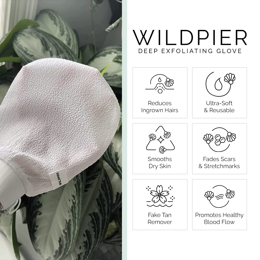 Wildpier exfoliating glove in shower demonstrates convenient bath exfoliation.