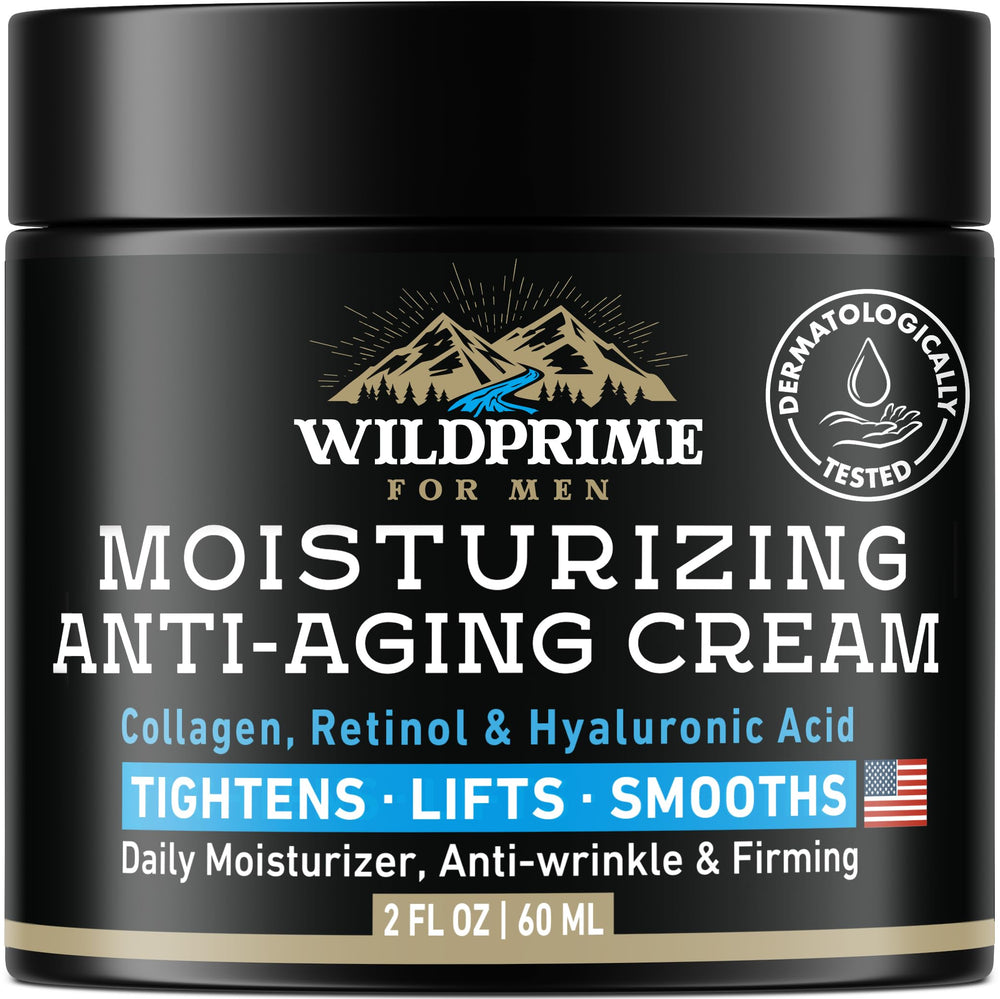 WildPRIME men's face moisturizer bottle front highlights daily hydration for refreshed, healthy-looking skin.