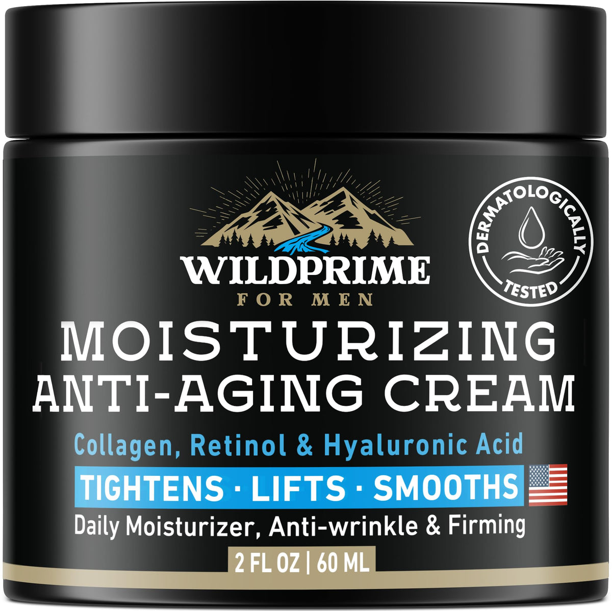 WildPRIME men's face moisturizer bottle front highlights daily hydration for refreshed, healthy-looking skin.