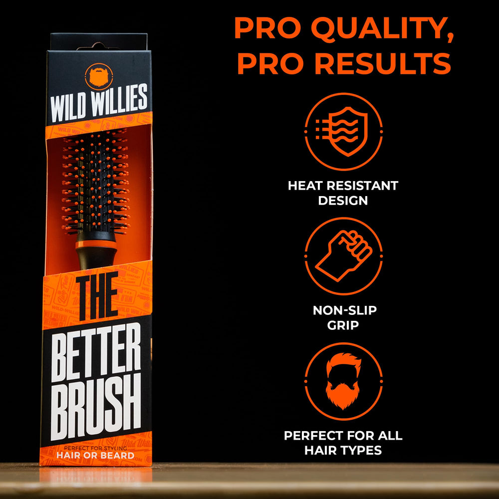 Wild Willies Round Beard Brush dry styling reduces static and fly-aways