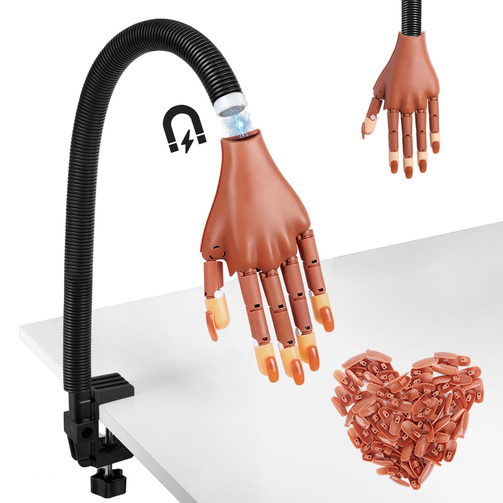 Wilfniee practice hand with magnetic stand enables quick lamp setup for efficient nail practice.