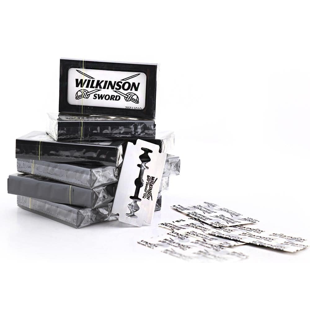 Wilkinson Sword Classic DE razorblades straight edge closeup highlights precision shave potential
