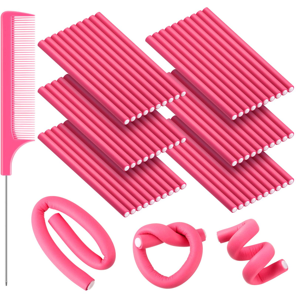 Willbond 60-piece flexible curling rods in pink for no-heat styling.