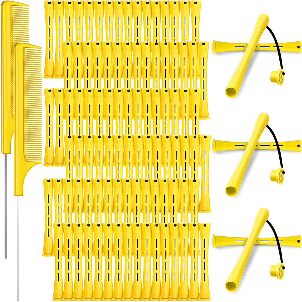 Willbond 96-pc yellow hair perm rods for heatless curls at home.