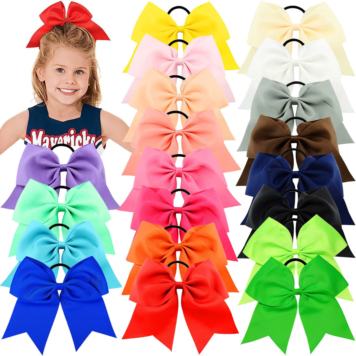 WillingTee cheer bows 20-pack 8-inch display, ideal for coordinating outfits and photos.