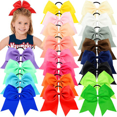 WillingTee cheer bows 20-pack 8-inch display, ideal for coordinating outfits and photos.