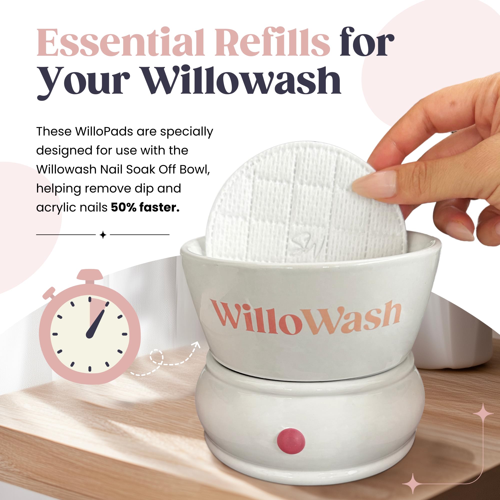 Willowash electric nail remover bowl with Willopads shown in setup for efficient removal.
