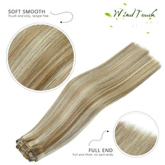 WindTouch real human hair clip-in extensions in bleach blonde provide smooth feel and tangle-free wear