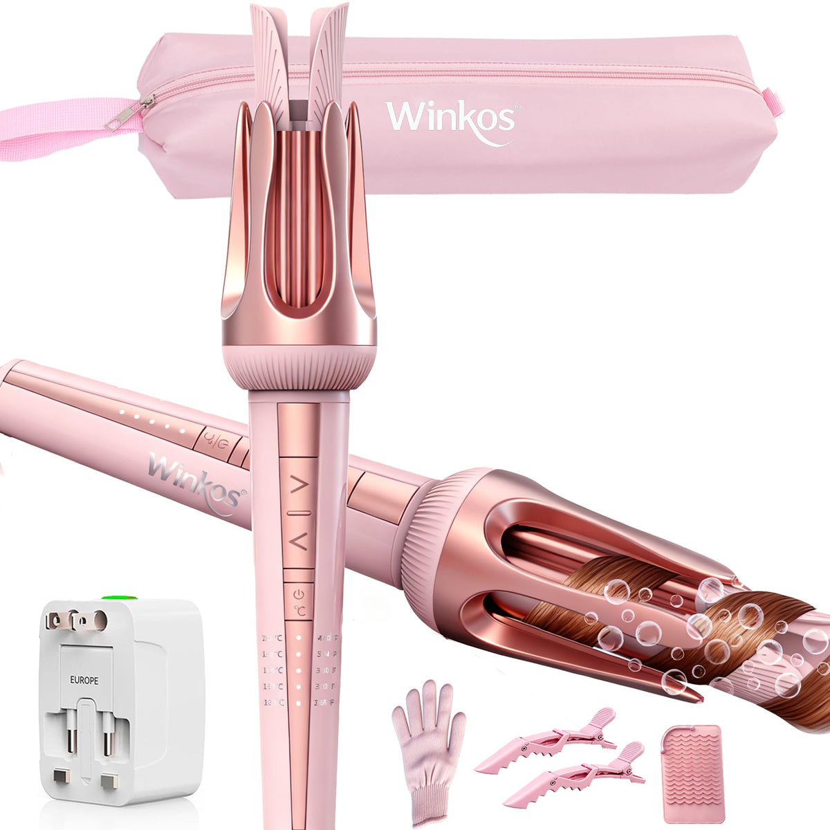 Winkos automatic curling iron with 1-1/4 inch barrel for smooth, even curls.
