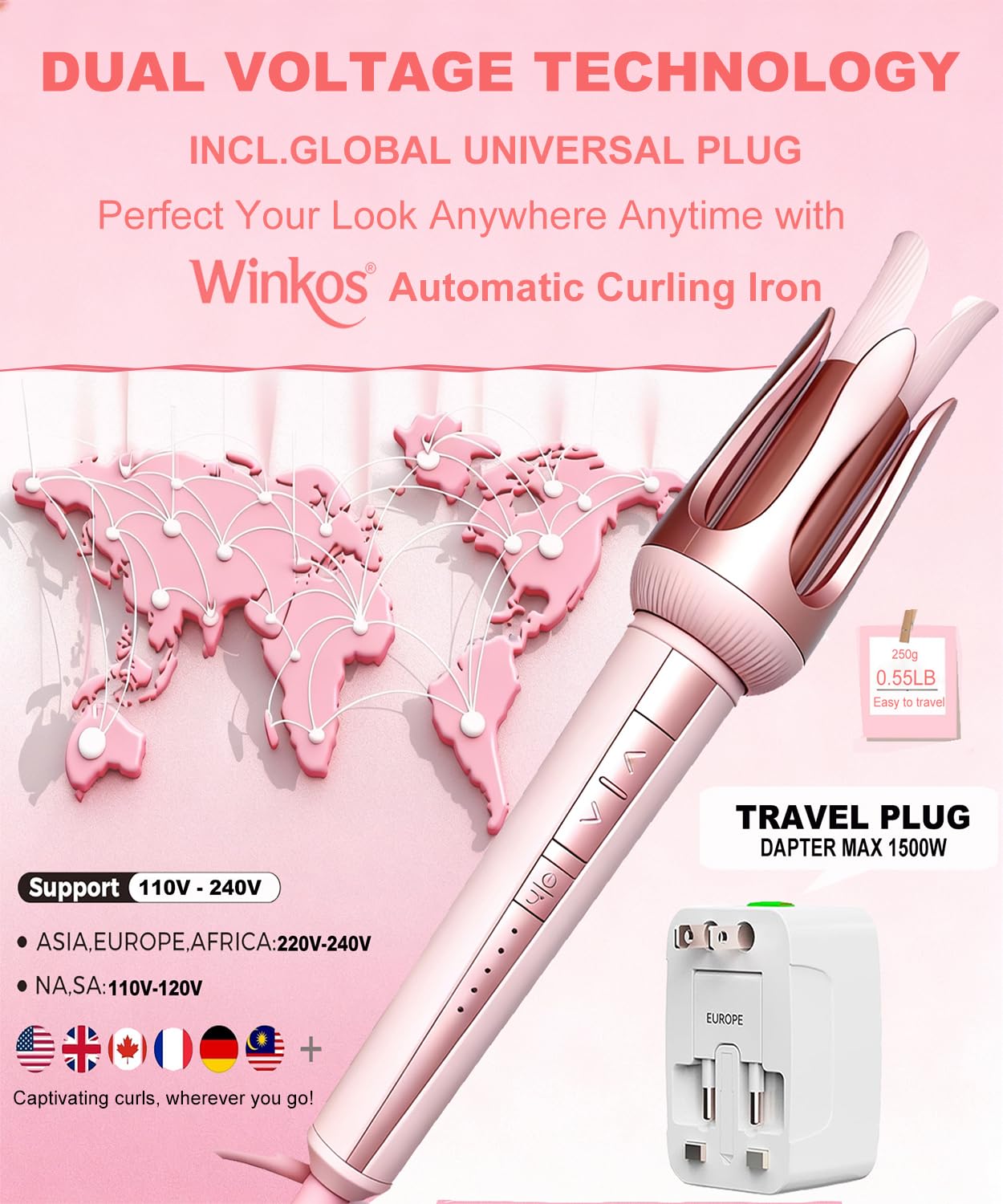 Winkos curling iron showing 2-way rotation for versatile curl directions.