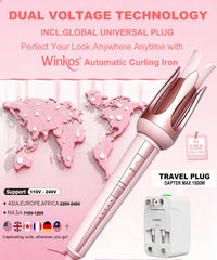 Winkos curling iron showing 2-way rotation for versatile curl directions.