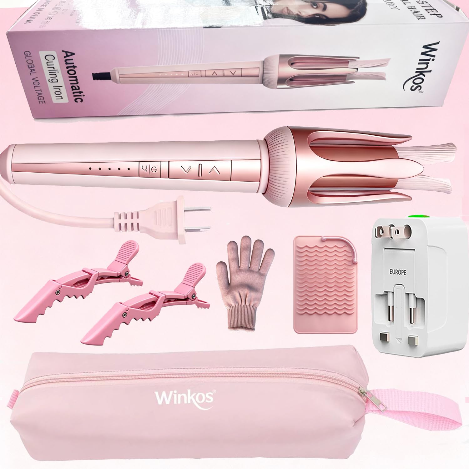 Winkos pink rose-gold finish adds premium style to daily curling routine.