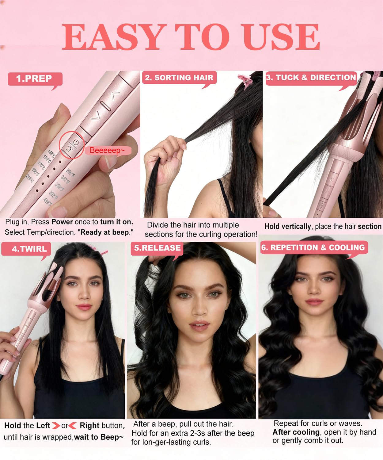 Winkos wide guide channel prevents hair snagging during automatic curling.