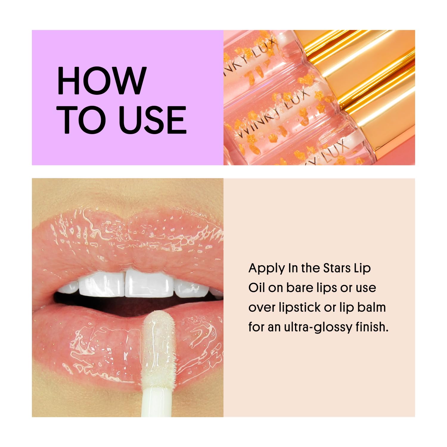 Winky Lux Lip Oil application shot highlights smooth glide for easy use.