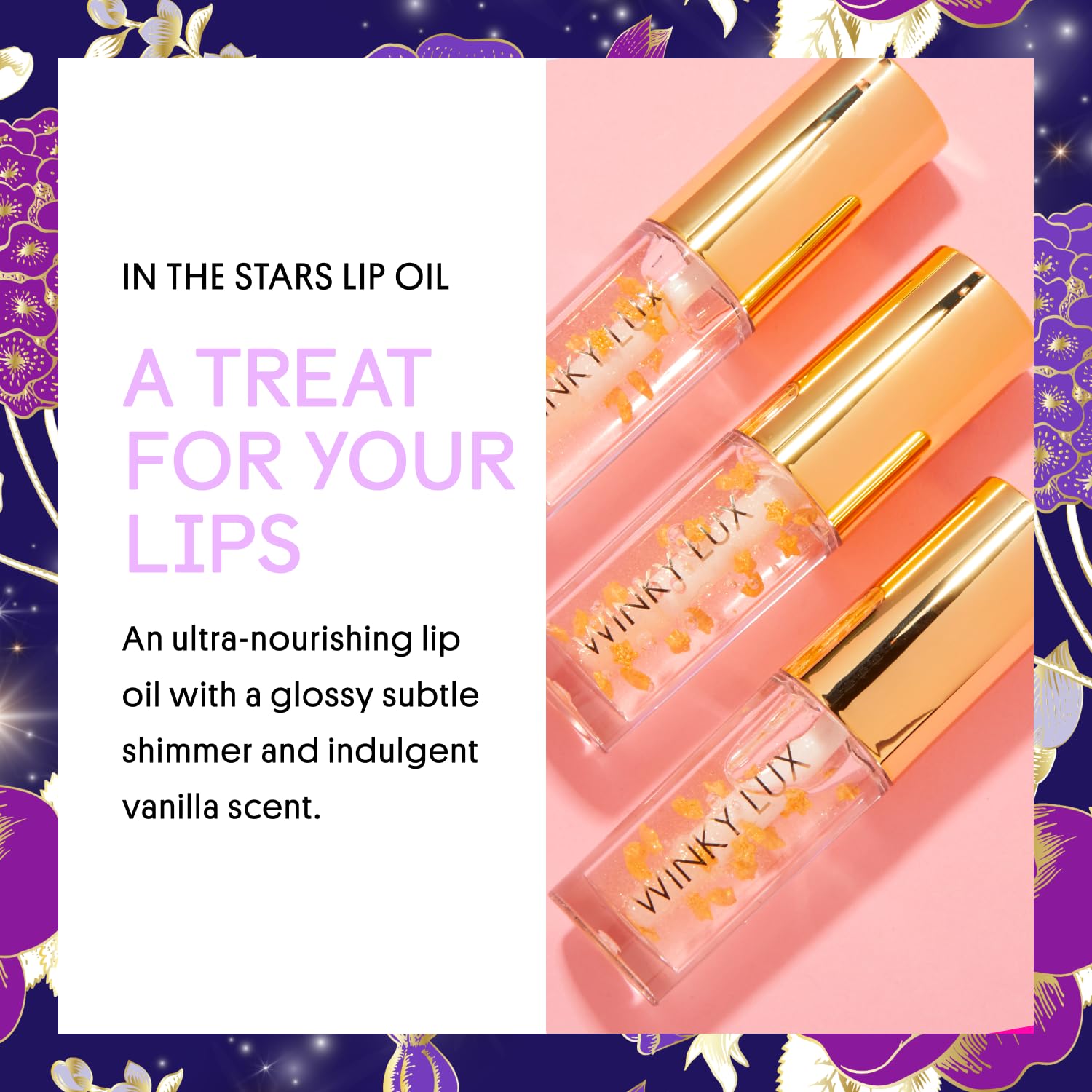 Winky Lux In The Stars Lip Oil with golden stars visible for a playful glow.