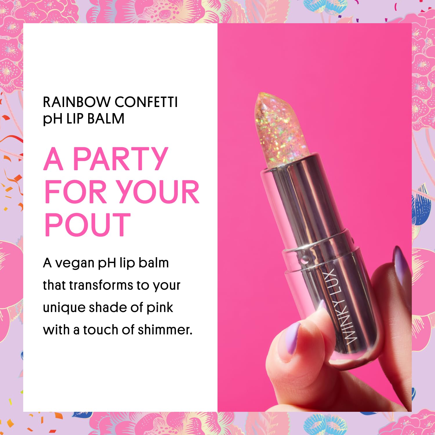 Winky Lux Rainbow Glitter Confetti Balm application closeup showing glossy pink tint.