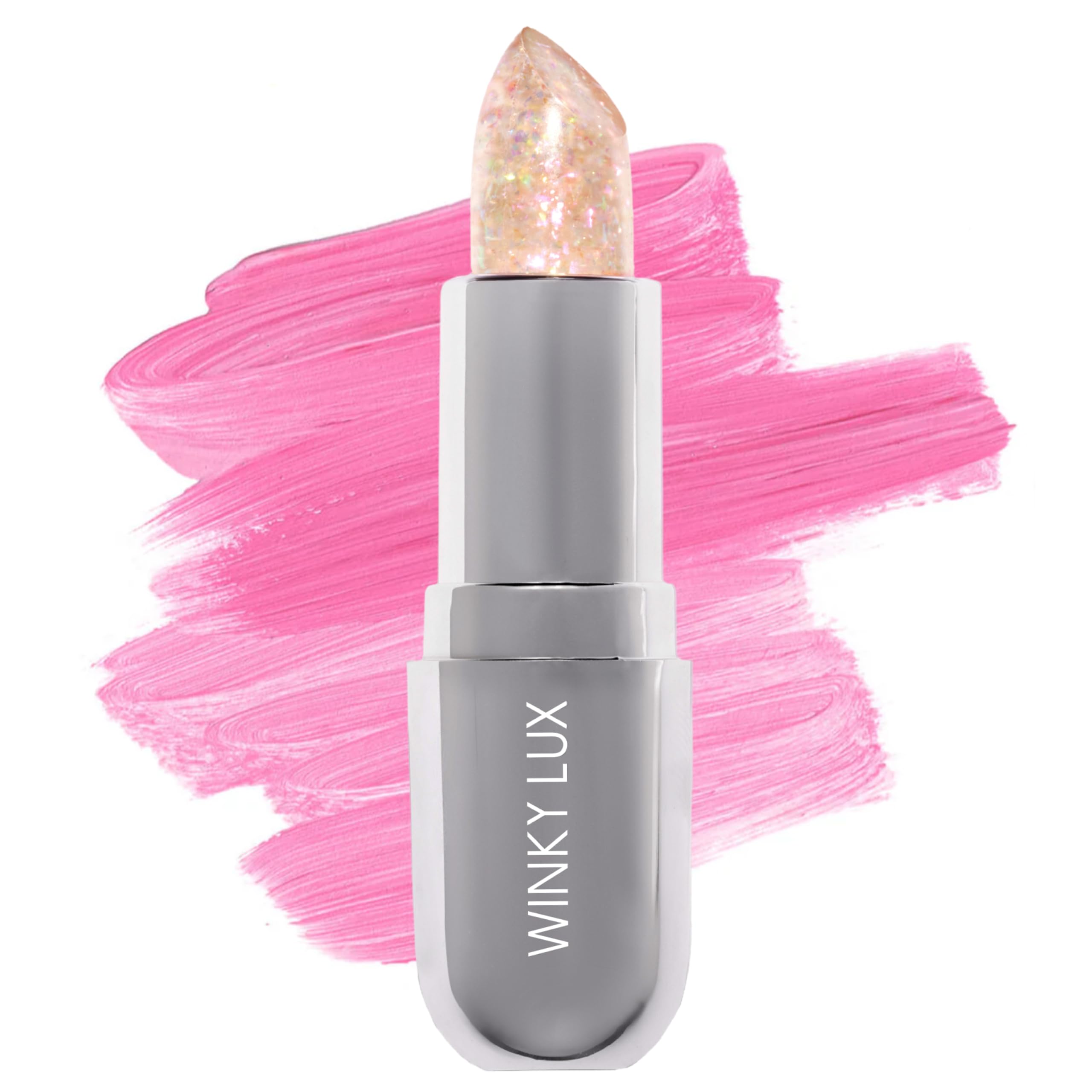 Winky Lux Rainbow Glitter Confetti Balm packaging highlights compact, travel-friendly design for on-the-go lips.