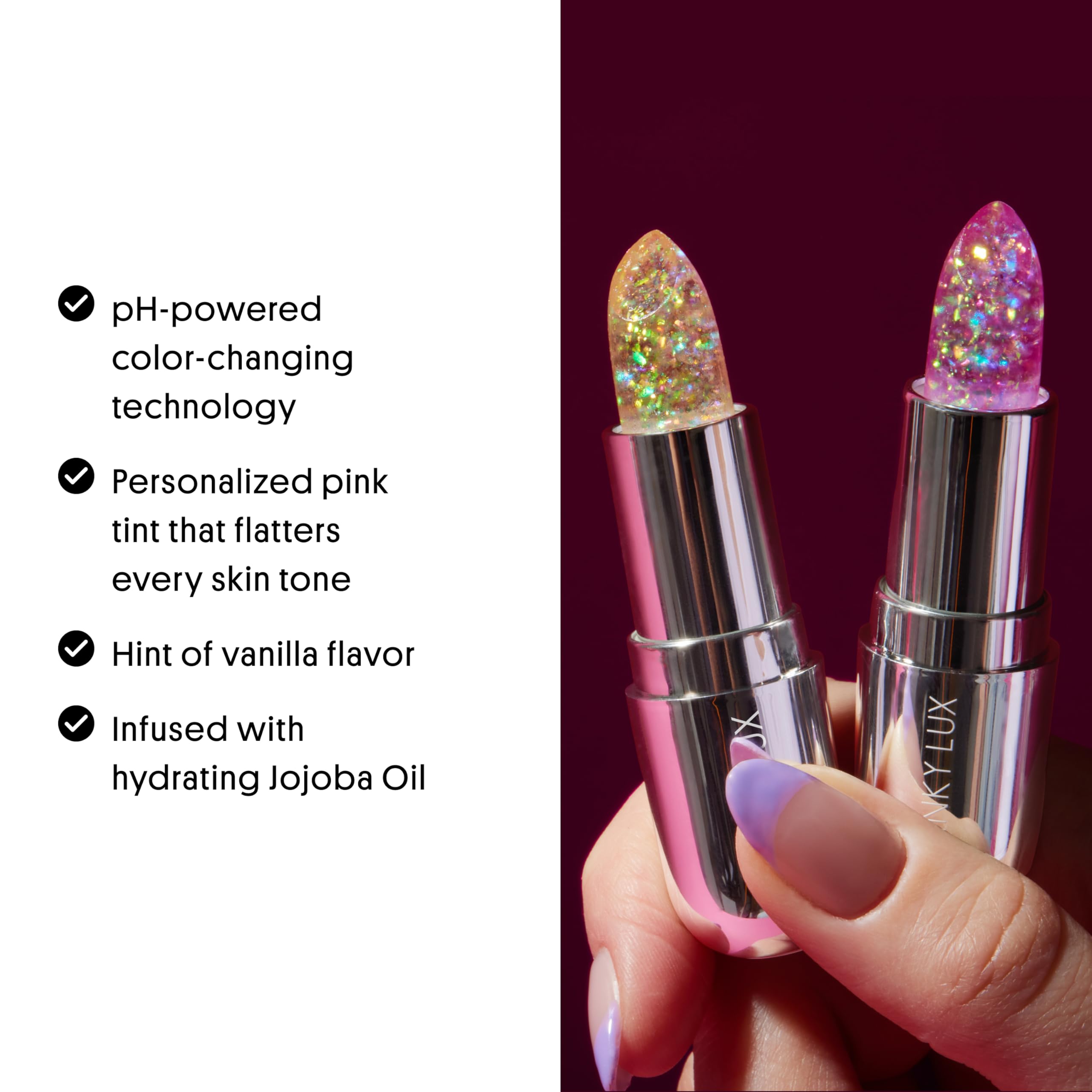 Winky Lux sheer pink tint on lips shows natural-looking color with subtle shine.