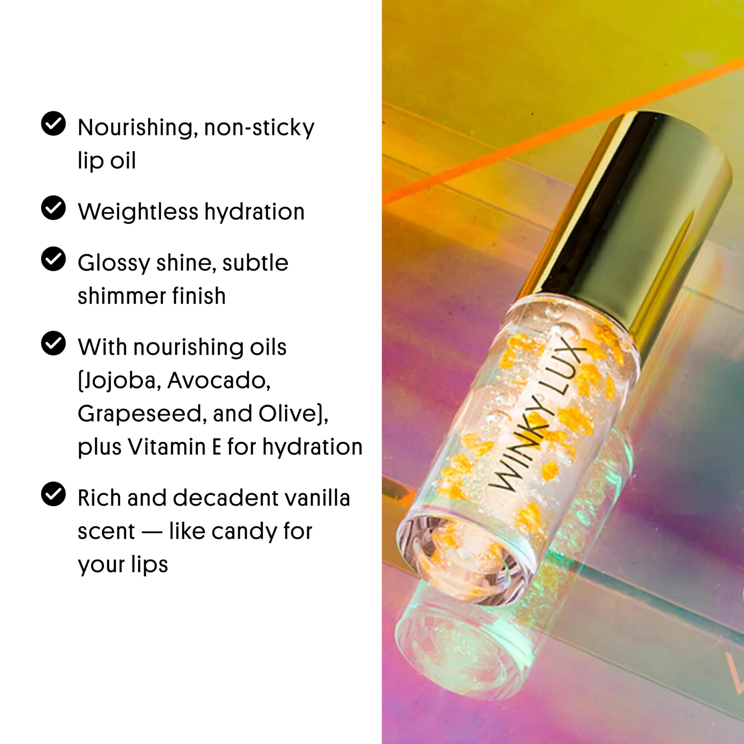 Winky Lux In The Stars Lip Oil close-up shows soft vanilla fragrance on lips.