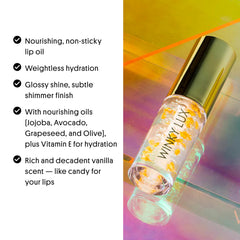 Winky Lux In The Stars Lip Oil close-up shows soft vanilla fragrance on lips.