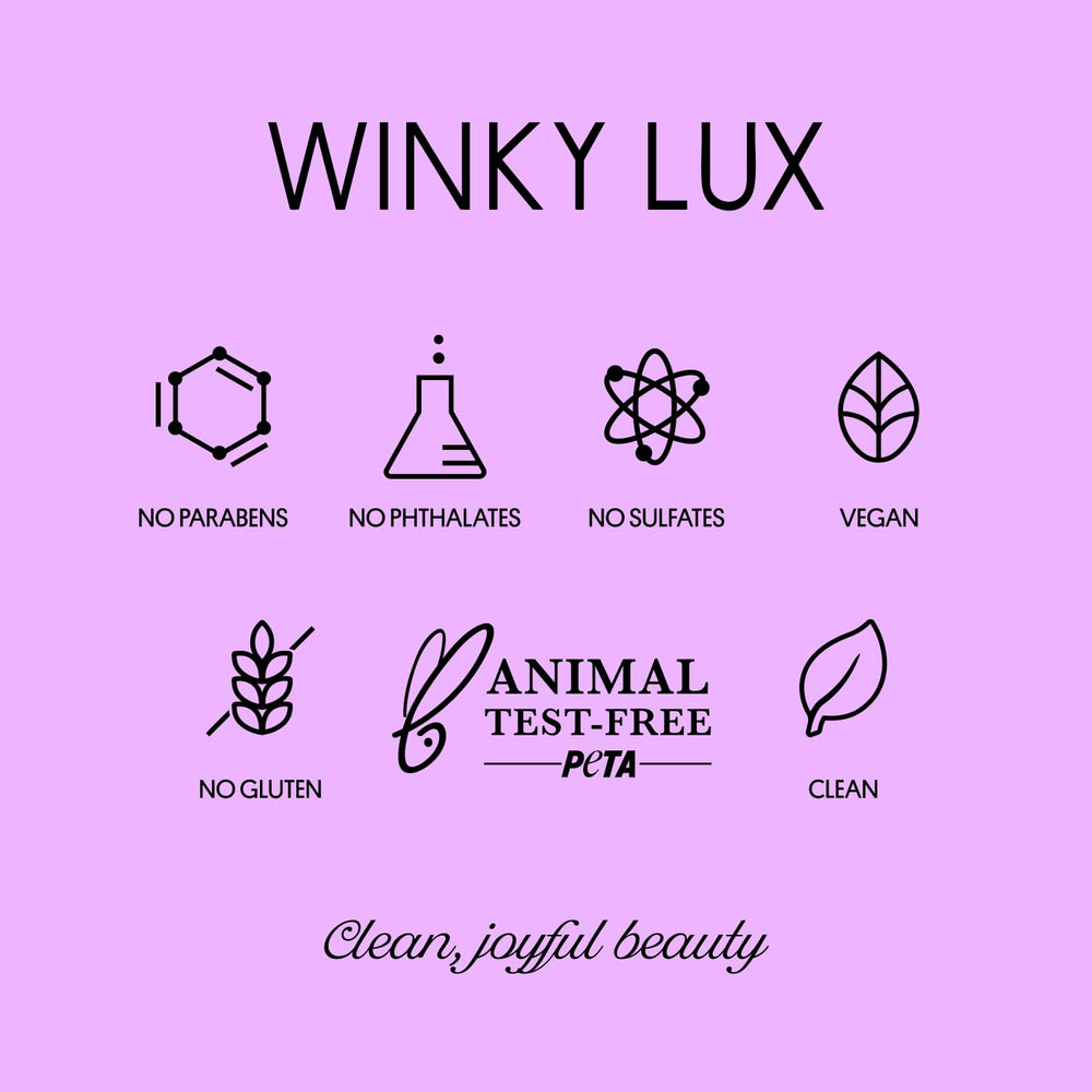Winky Lux packaging features vegan, cruelty-free badge for clean beauty.