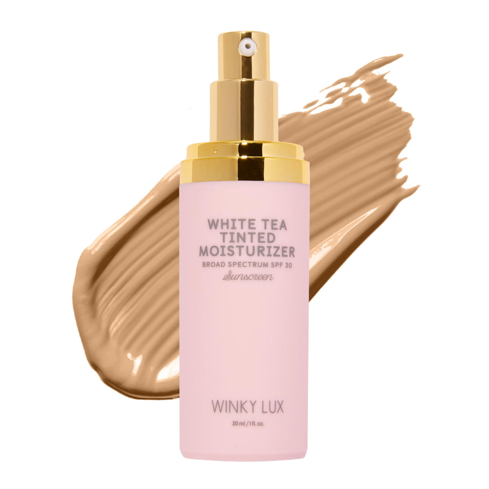 Winky Lux White Tea tinted moisturizer bottle with SPF 30 for daily sun protection.