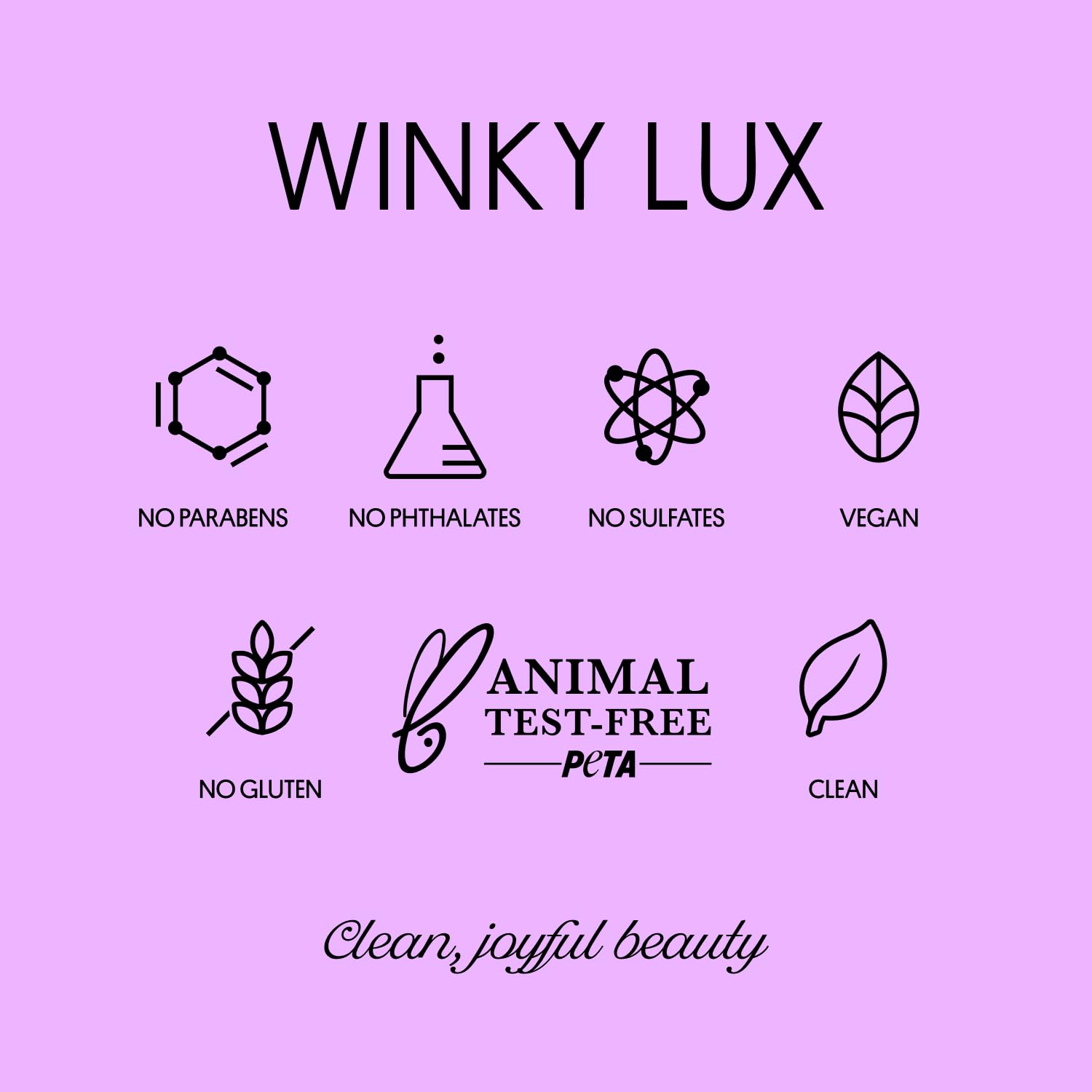 Winky Lux packaging emphasizes clean, vegan, cruelty-free, and plastic-neutral commitments.