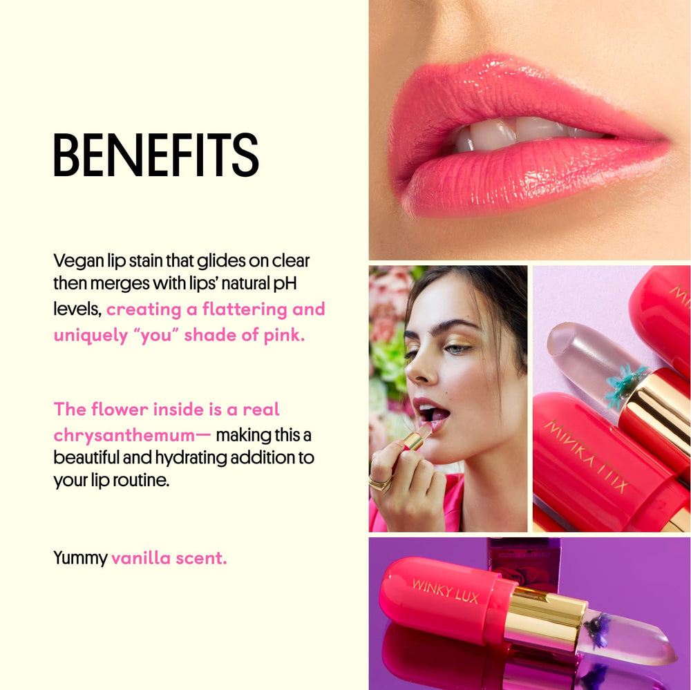 Winky Lux Flower Balm tint application shows pH-activated color on lips
