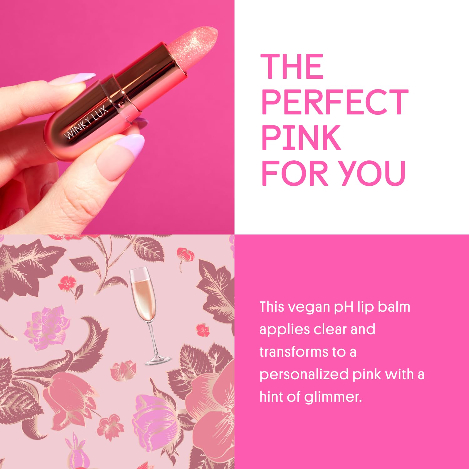 Winky Lux Rose Glimmer Balm swatch shows personalized pink tint and glow on lips.