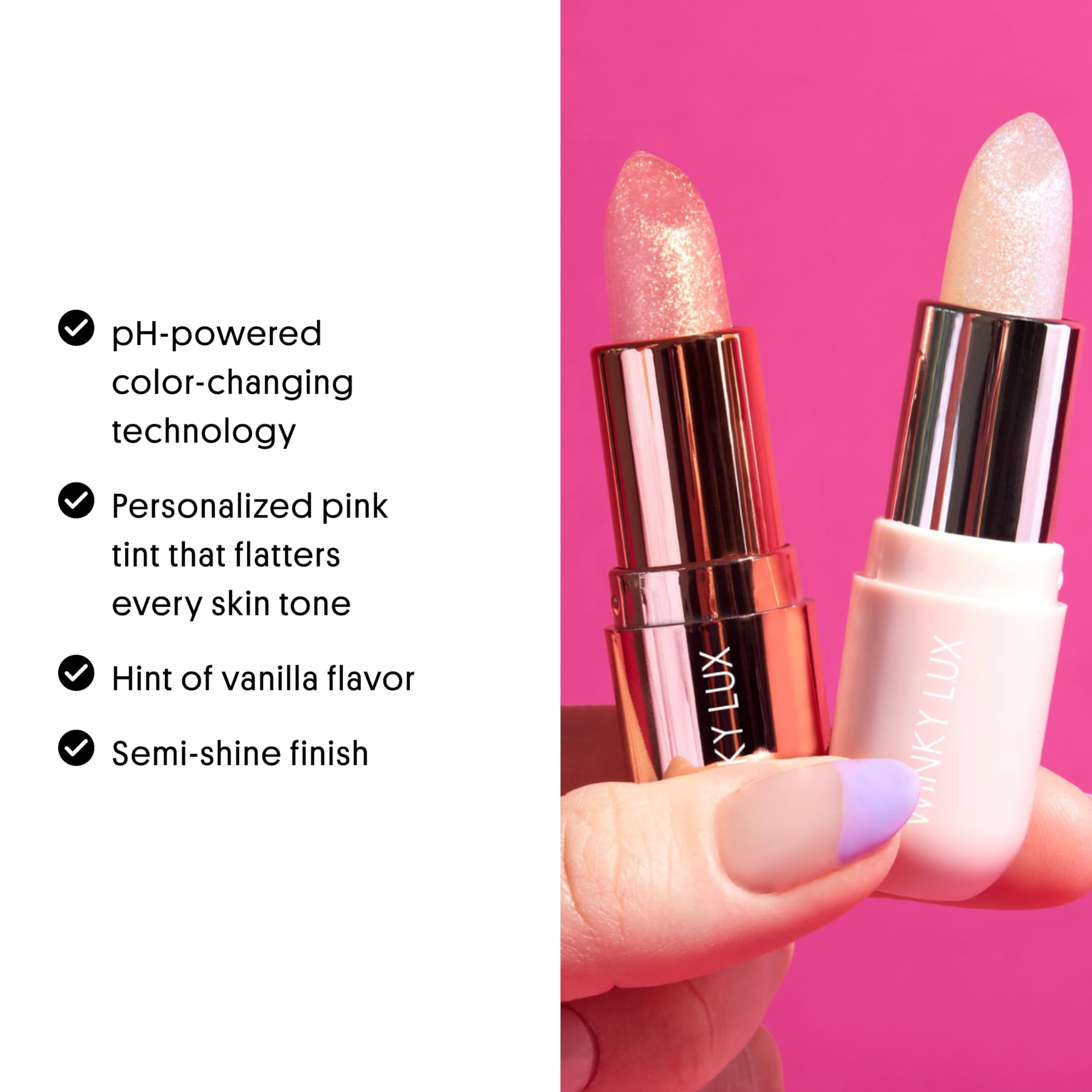 Winky Lux Rose Glimmer Balm tint closeup captures the sheer pink color shift as it blends.