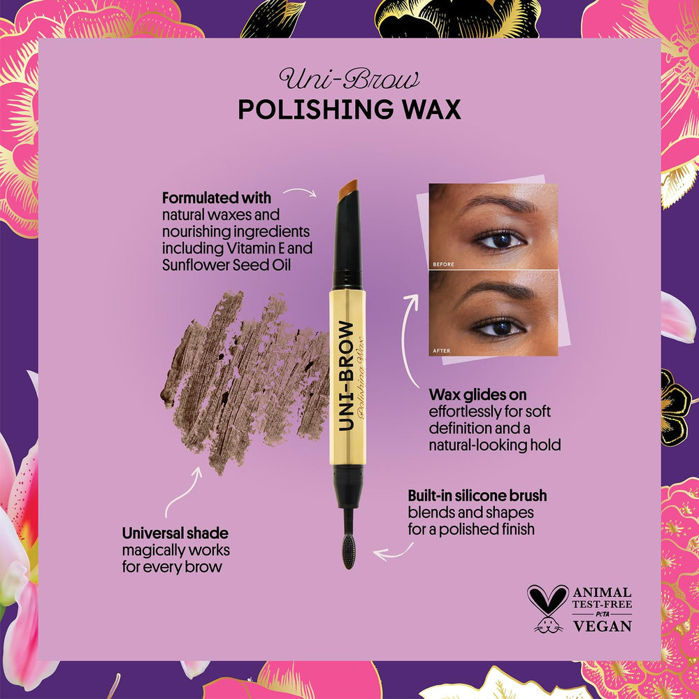 Winky Lux Uni Brow Polishing Wax on brows shows flexible pigment for fuller arches
