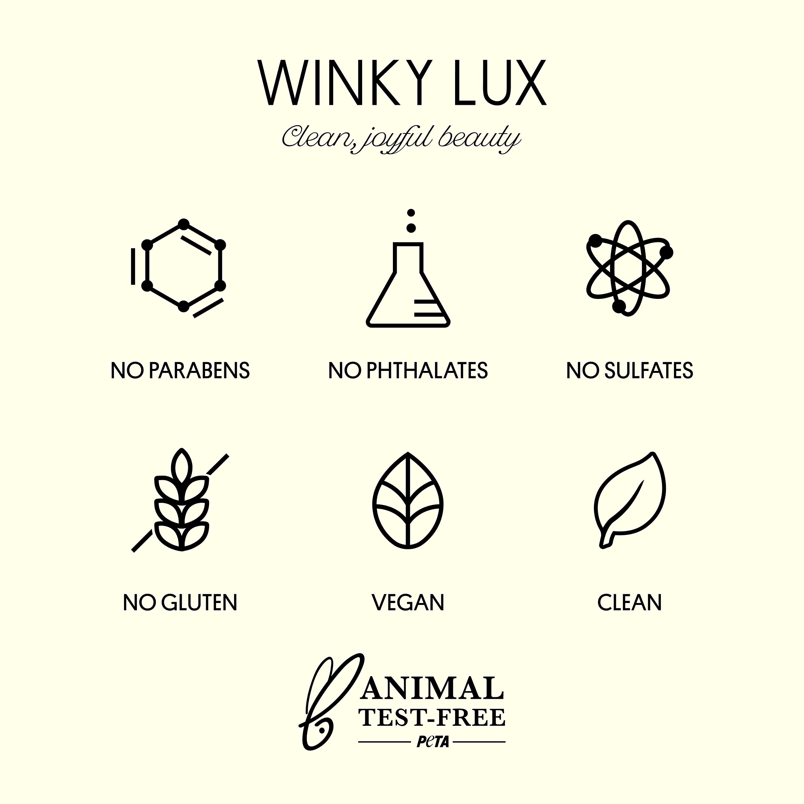 Winky Lux Wakey Wakey packaging and ingredients highlight vegan, cruelty-free standards and clean beauty.