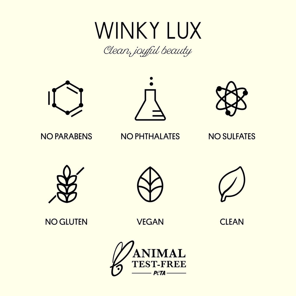 Winky Lux Wakey Wakey packaging and ingredients highlight vegan, cruelty-free standards and clean beauty.