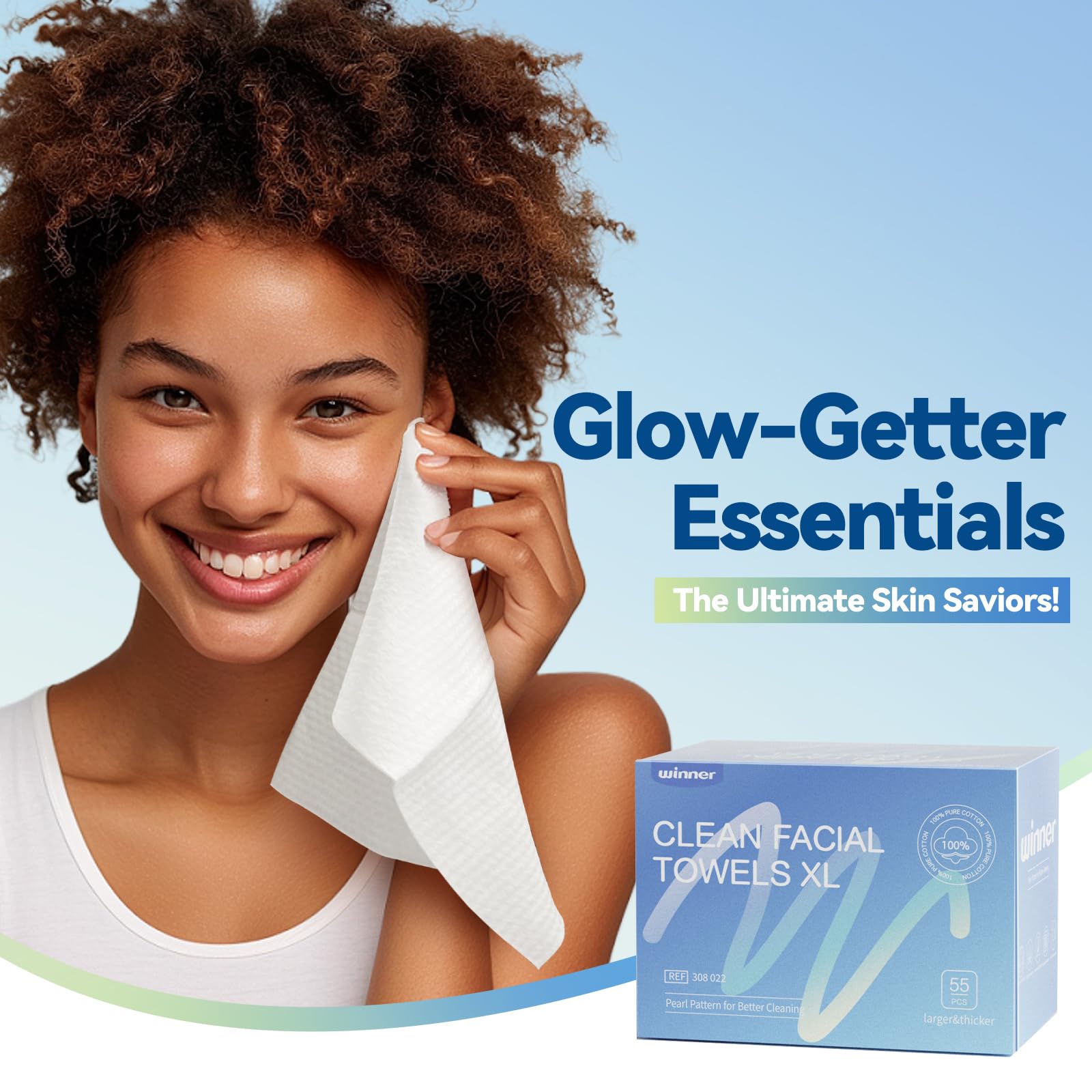 Winner Face Towels 55-count pack close-up for everyday travel and routines