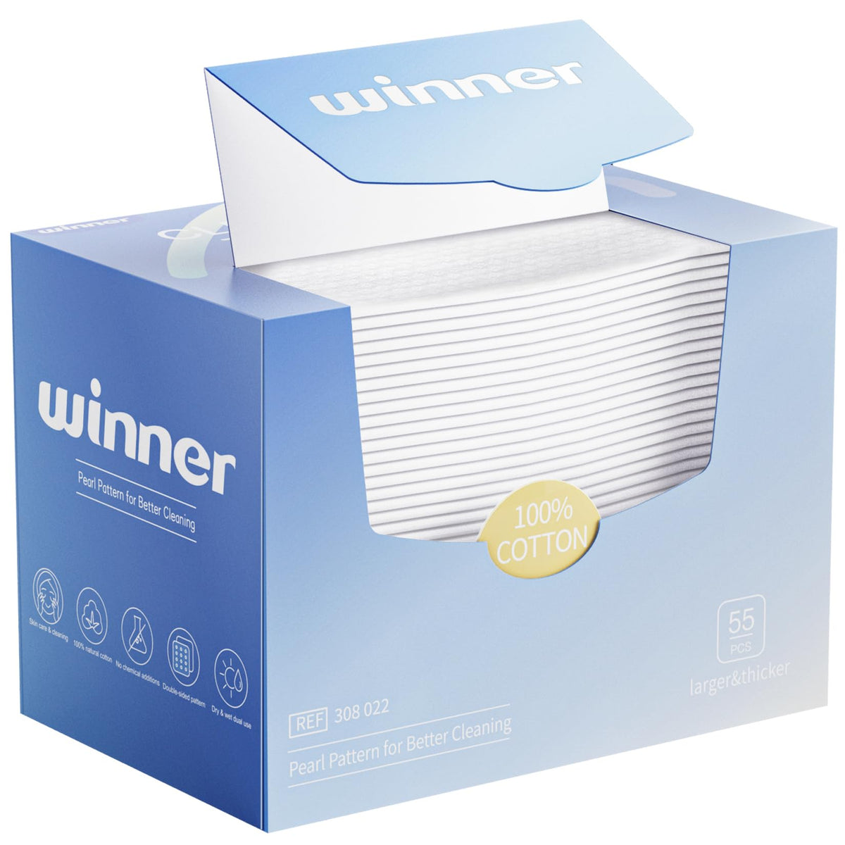 Winner Face Towels pack overview shows 55-count XL towels for sensitive skin
