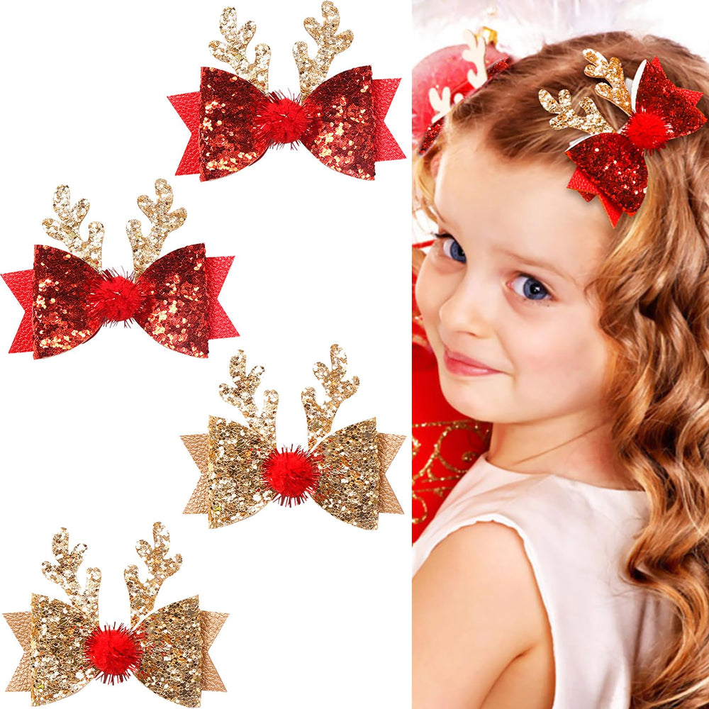 Winthrop Christmas hair clip gold bow with reindeer antlers adds festive flair for parties