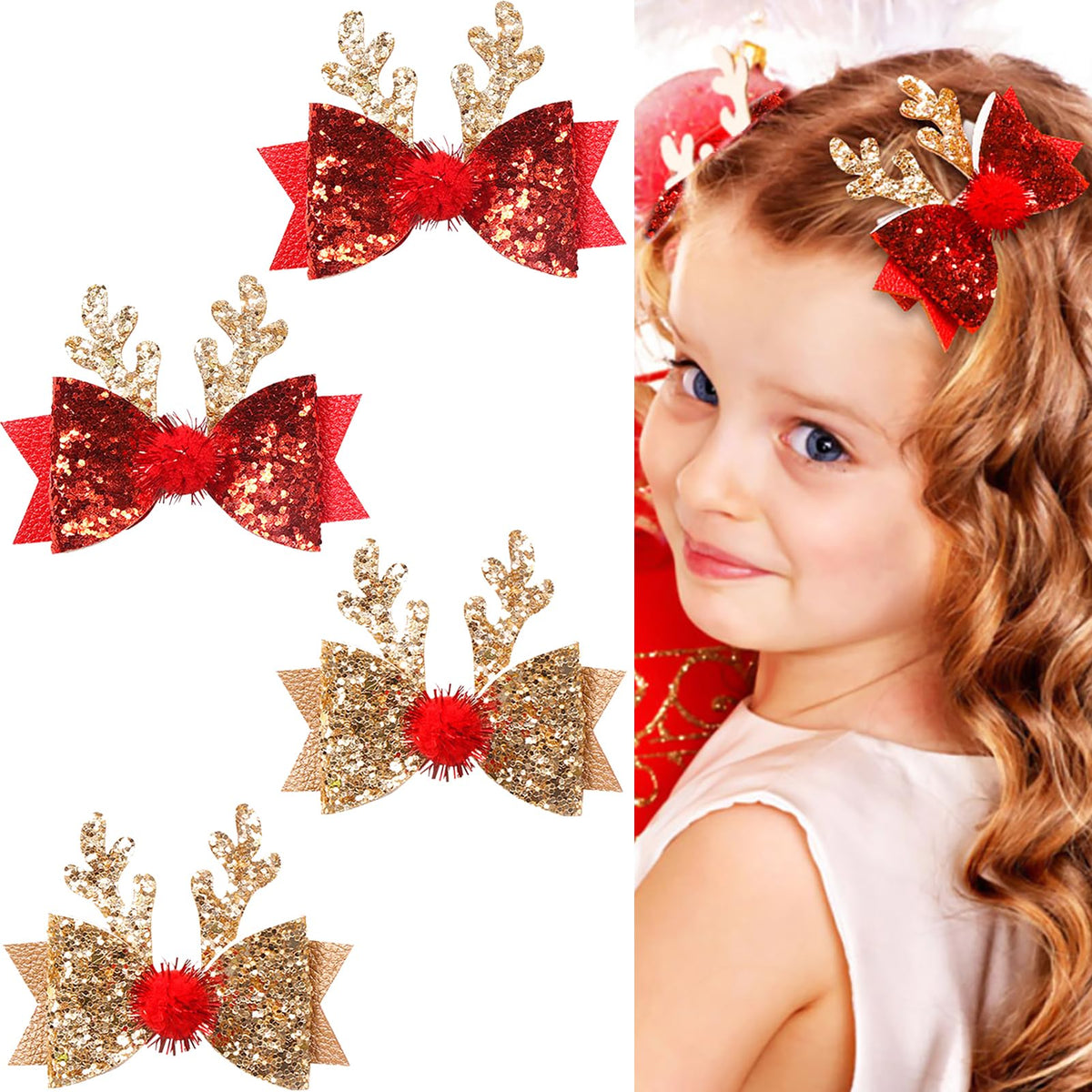 Winthrop Christmas hair clip gold bow with reindeer antlers adds festive flair for parties