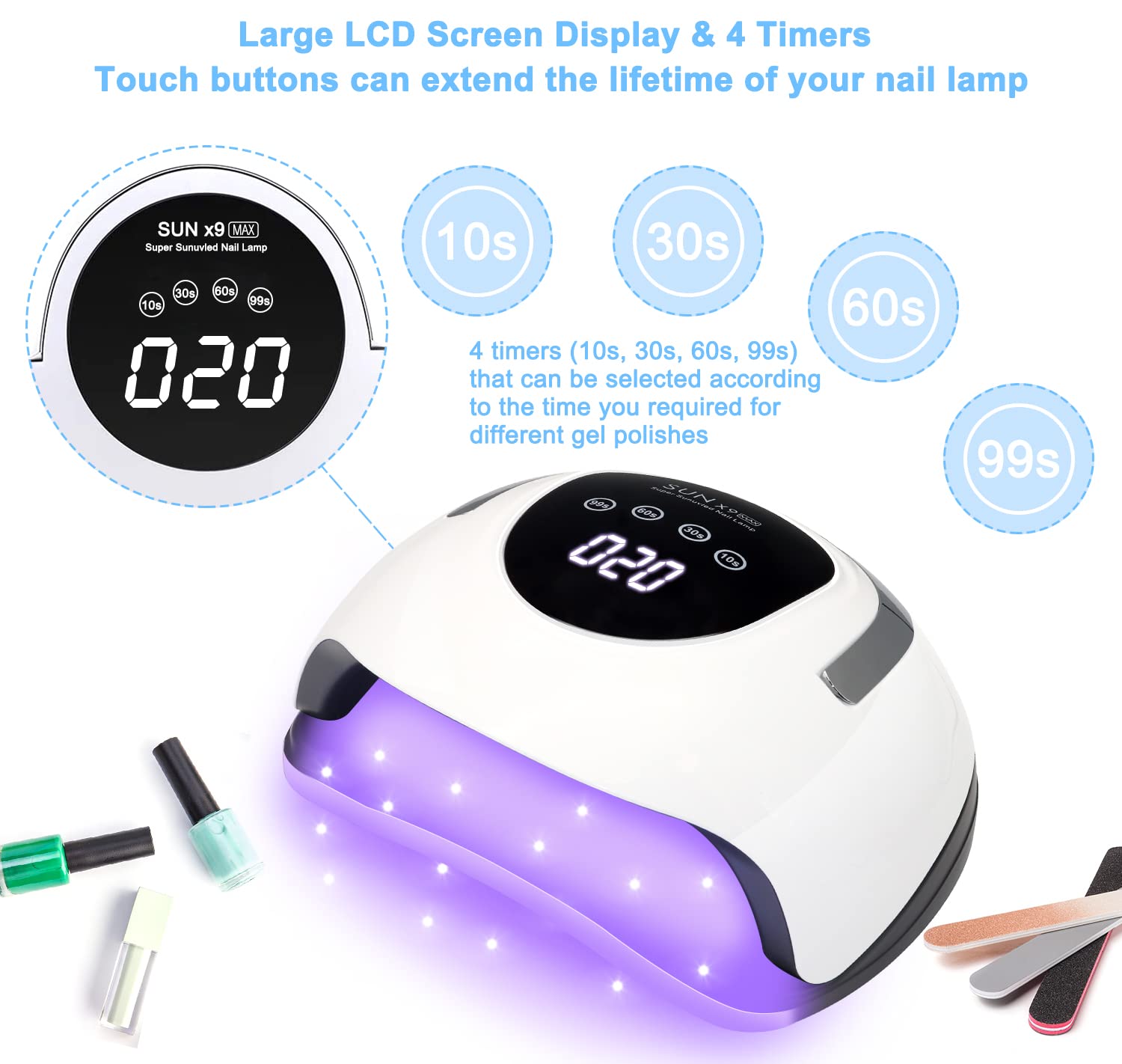 Wisdompark LED Nail Lamp 220W digital timer ready for 10/30/60/99 seconds.