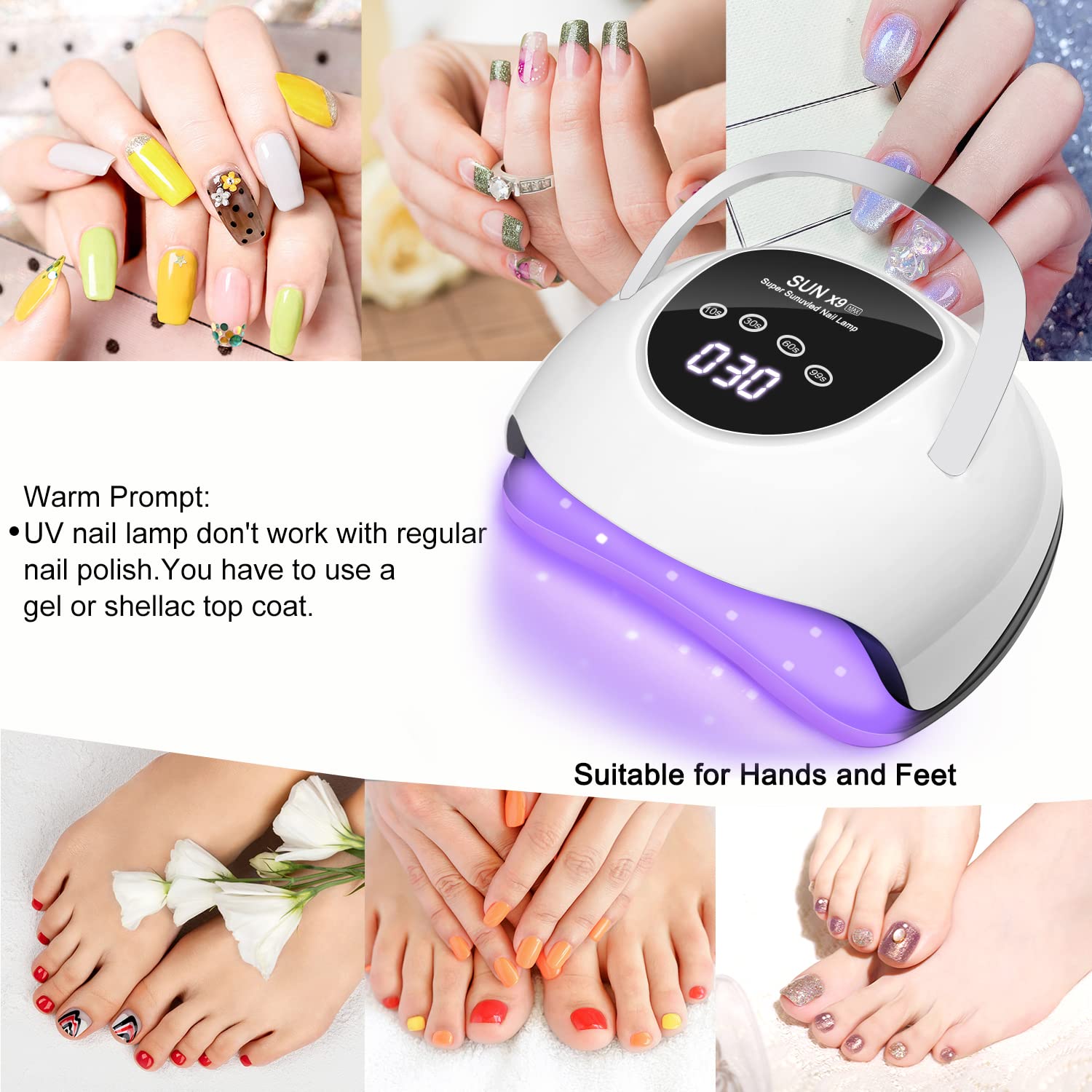 Wisdompark LED Nail Lamp 220W temperature protection auto-adjusts power.