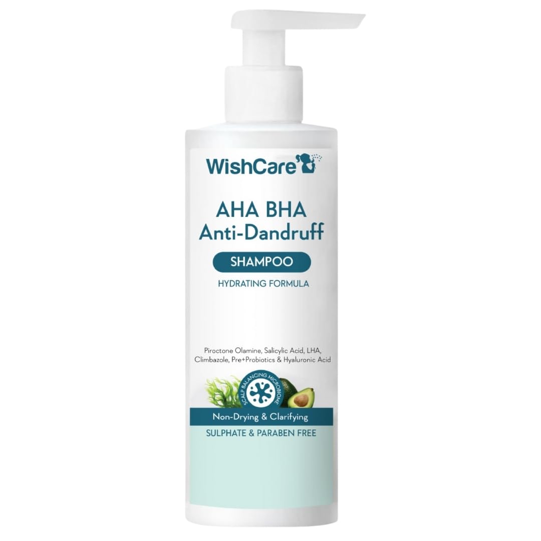 WishCare hydrating AHA BHA shampoo bottle highlights scalp-friendly hydration for balanced scalp