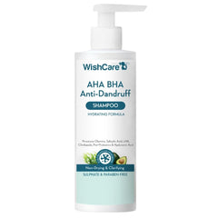 WishCare hydrating AHA BHA shampoo bottle highlights scalp-friendly hydration for balanced scalp