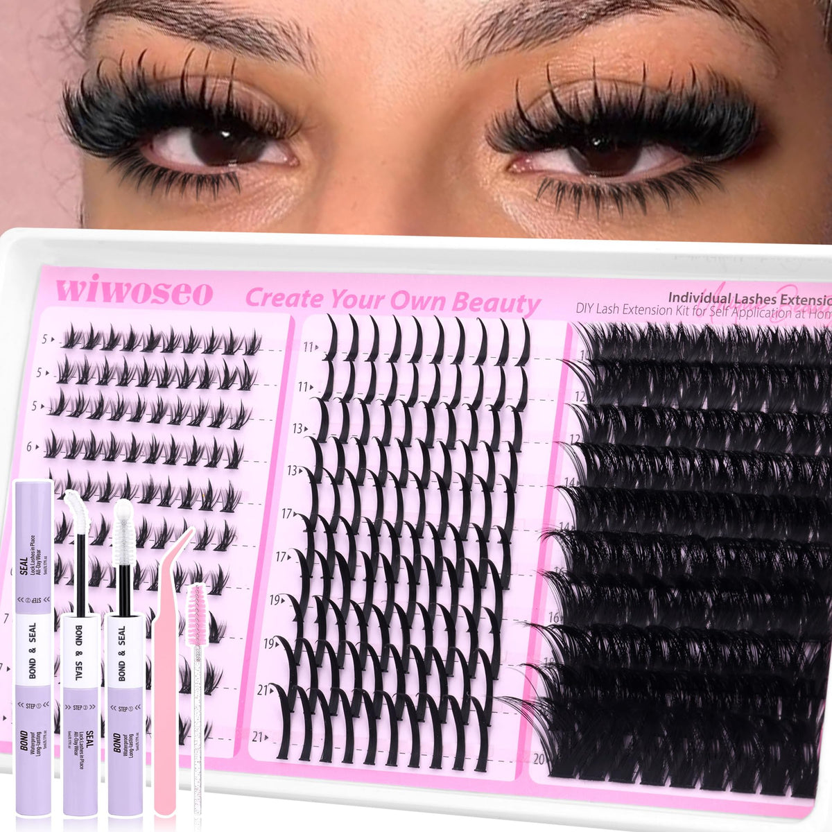wiwoseo bottom lash clusters kit packaging demonstrates easy at-home lash styling.