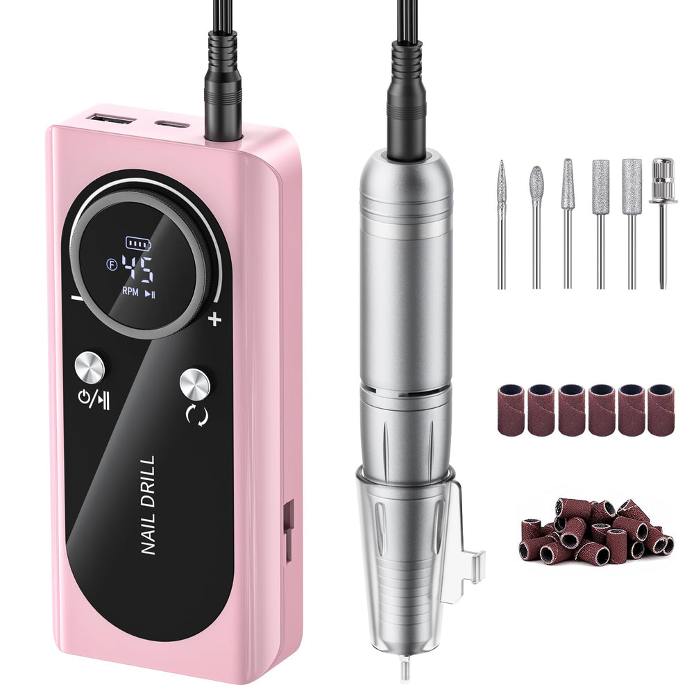 Wiyuam electric nail drill display shows 45,000 RPM for fast acrylic removal.