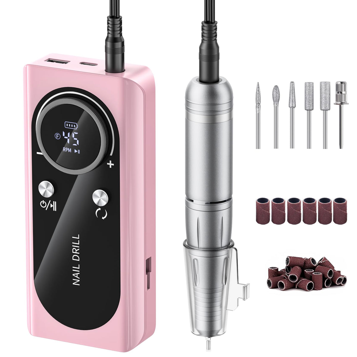 Wiyuam electric nail drill display shows 45,000 RPM for fast acrylic removal.