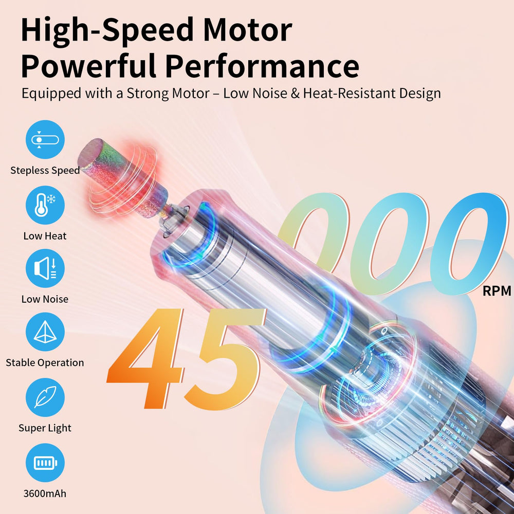 Wiyuam nail drill LCD close-up highlights adjustable speed for precise manicures.
