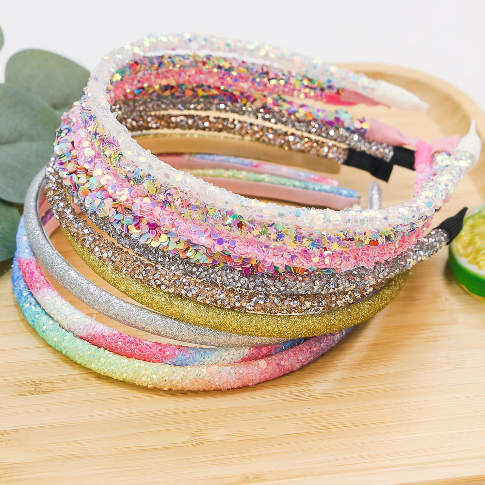 WJYX BOWS glitter headbands display rainbow color variety for remixable outfits