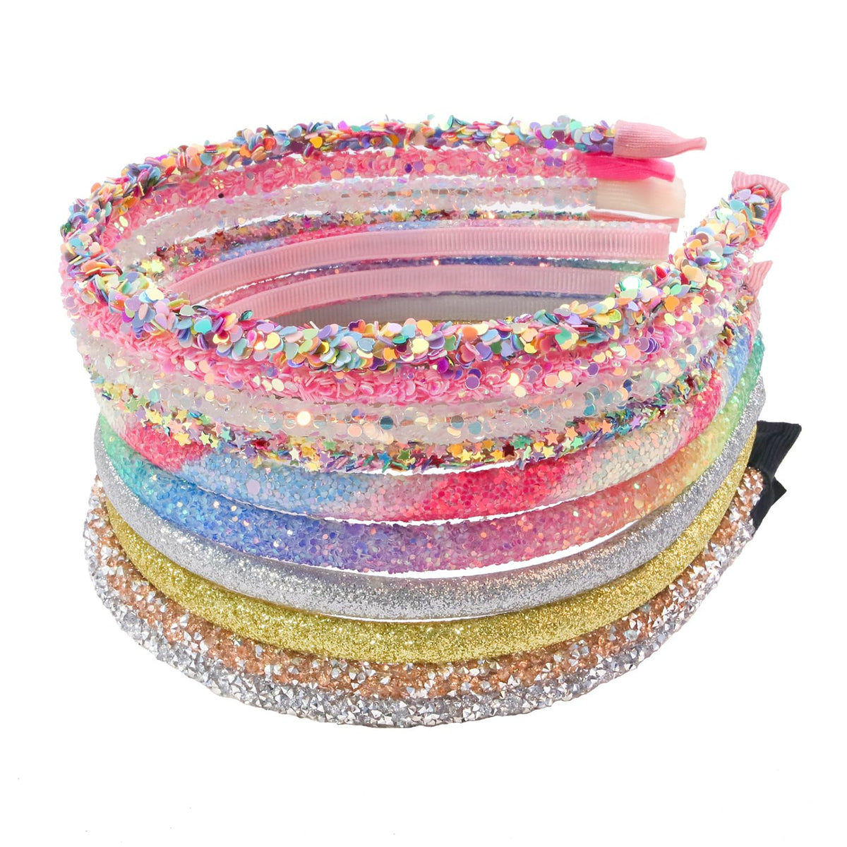 WJYX BOWS glitter headbands rainbow set in clear packaging for gifting and storage