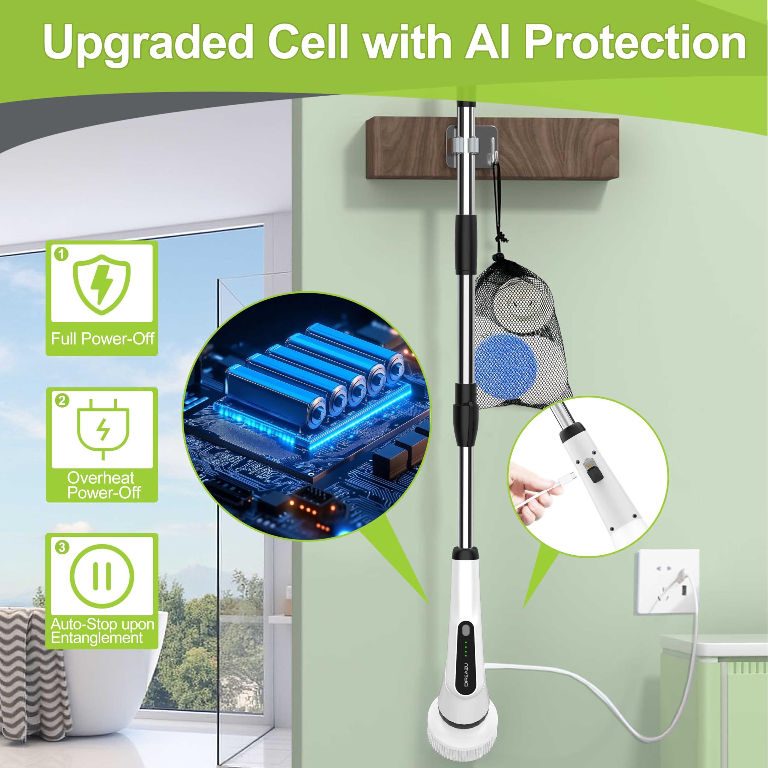 WKY Electric Spin Scrubber telescopic-handle-extended reaches high spots without bending